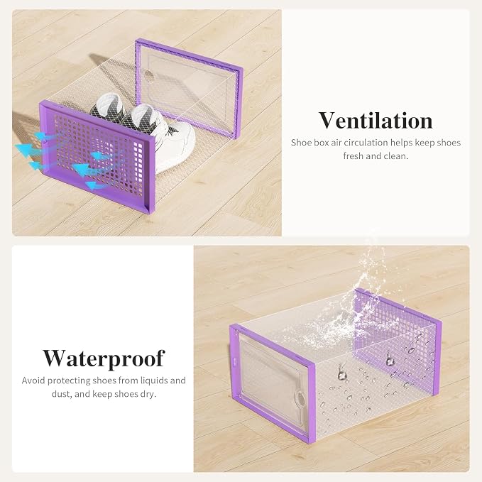 Kuject X-Large Shoe Storage Boxes 12 Pack, Clear Stackable Shoe Organizer | Shoe Case for Closet, Entryway & Under-Bed Storage, Drop-Front Design, Space-Saving Solution for Family Organization,Purple - Image 5