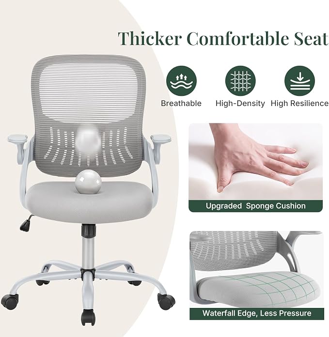 Home Office Desk Chair with Flip-up Armrest, Computer Chair | Lumbar Support, Height Adjustable, Mesh Mid-Back, Ergonomic Task Gaming Chair with 360° Swivel Wheels for Adults, Grey - Image 3