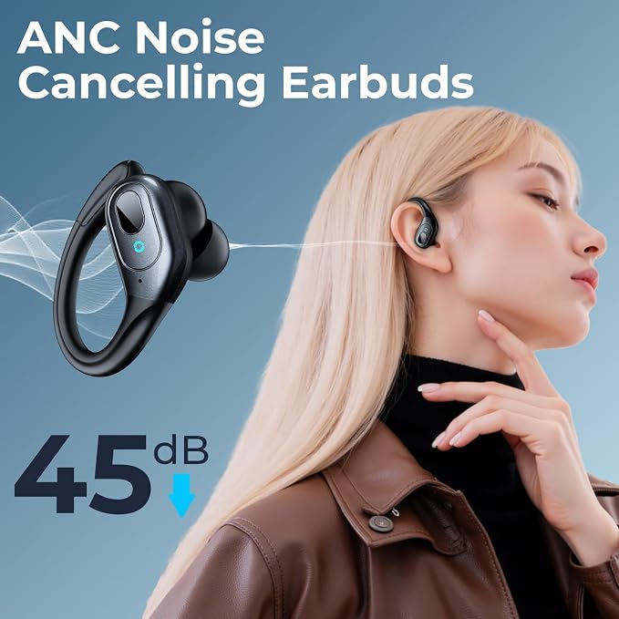 occiam Active Noise Cancelling Earbuds Wireless Bluetooth Headphones | Ear Buds 90Hrs Playback Stereo Bass Earphones with Mic Over-Ear Hooks IPX7 Waterproof Headset for Sports Running Matte Black - Image 2