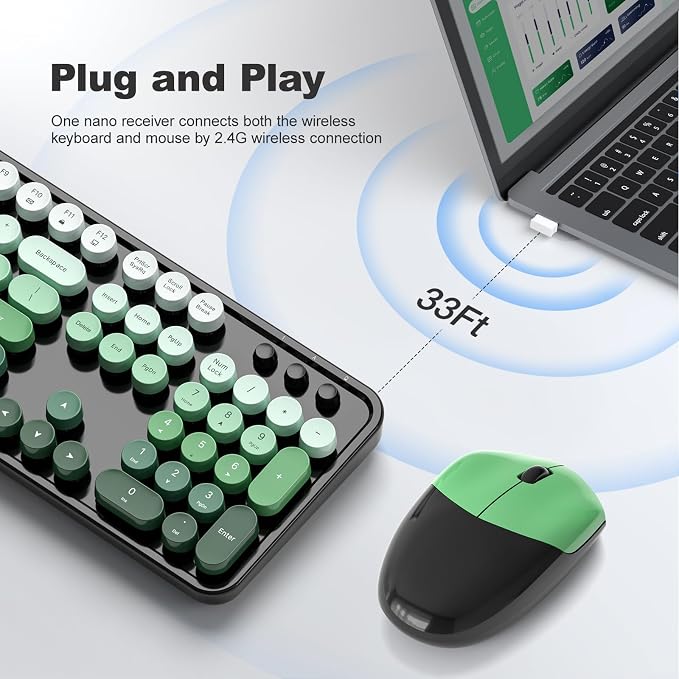 Wireless Keyboard and Mouse Combo, 2.4GHz Retro Full-Size Typewriter Keyboard with Number Pad and Wireless Mouse for PC/Laptop/Desktop/Windows (Black Green) - Image 2