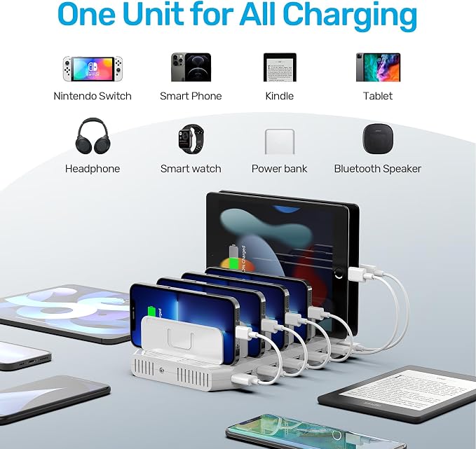 【5PCS】Unitek 10-Port Charging Station, USB Charger Dock for Multiple Device | Multi Charging Dock Smart IC Tech Adjustable Dividers USB Type A Fast Charging Stand for iPad, Tablet, Kindle, iPhone, Family - Image 5