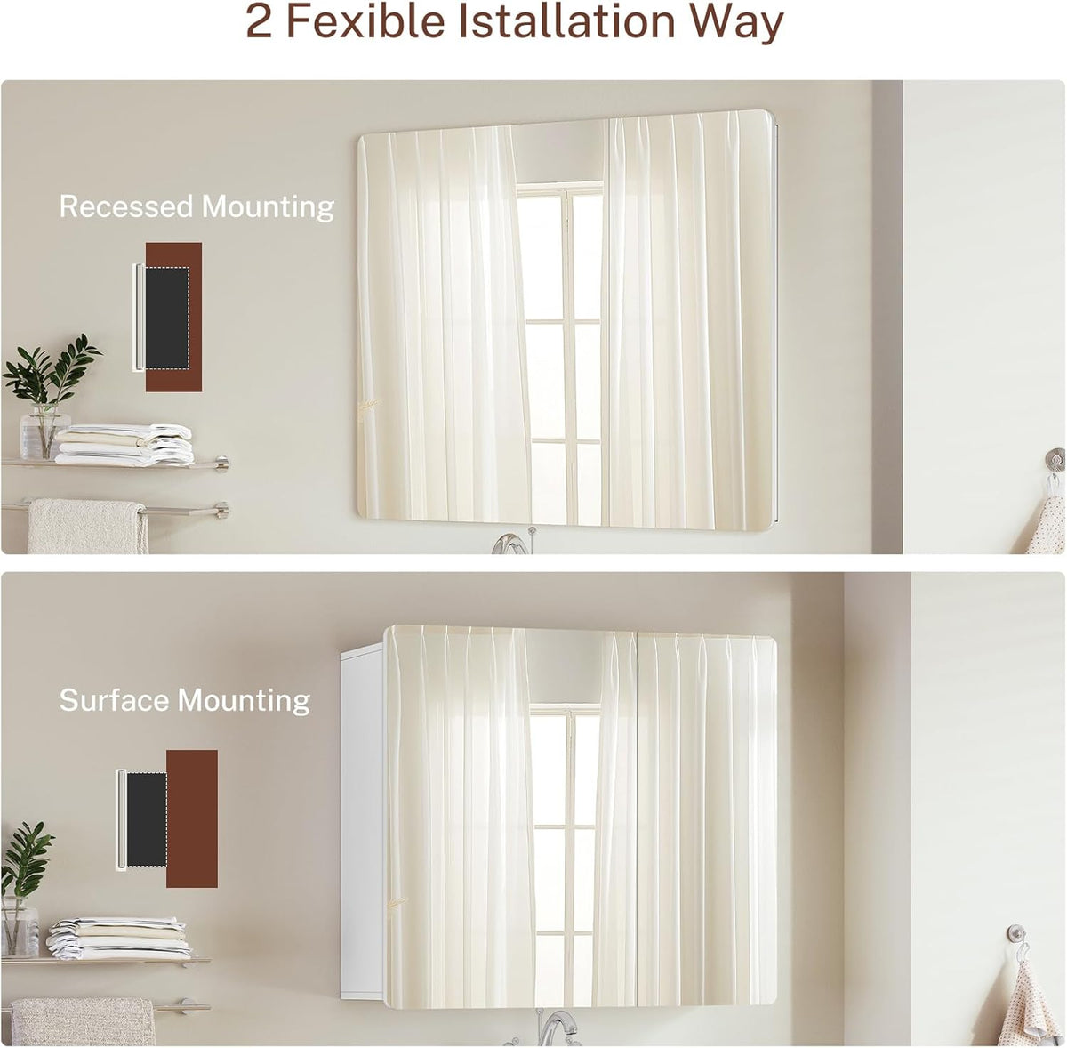 Medicine Cabinet Mirror with 2 Doors, Mount or Recessed Bathroom Wall Cabinet, Bathroom Mirror with Storage 3 Adjustable Shelves, White, 27.6 x 22.1 inch - Image 4