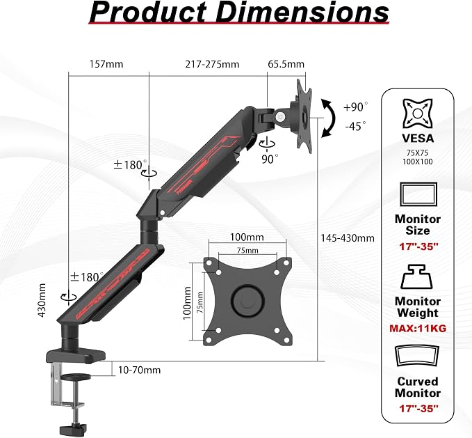 Fydeamer Monitor Arm for 17-35" Screens up to 24.2 lbs, Ergonomic Gas Spring Monitor Stand with Height Adjust, Tilt, Swivel & Cable Management, VESA Desk Mount with 2 Types of Installation, Black - Image 6