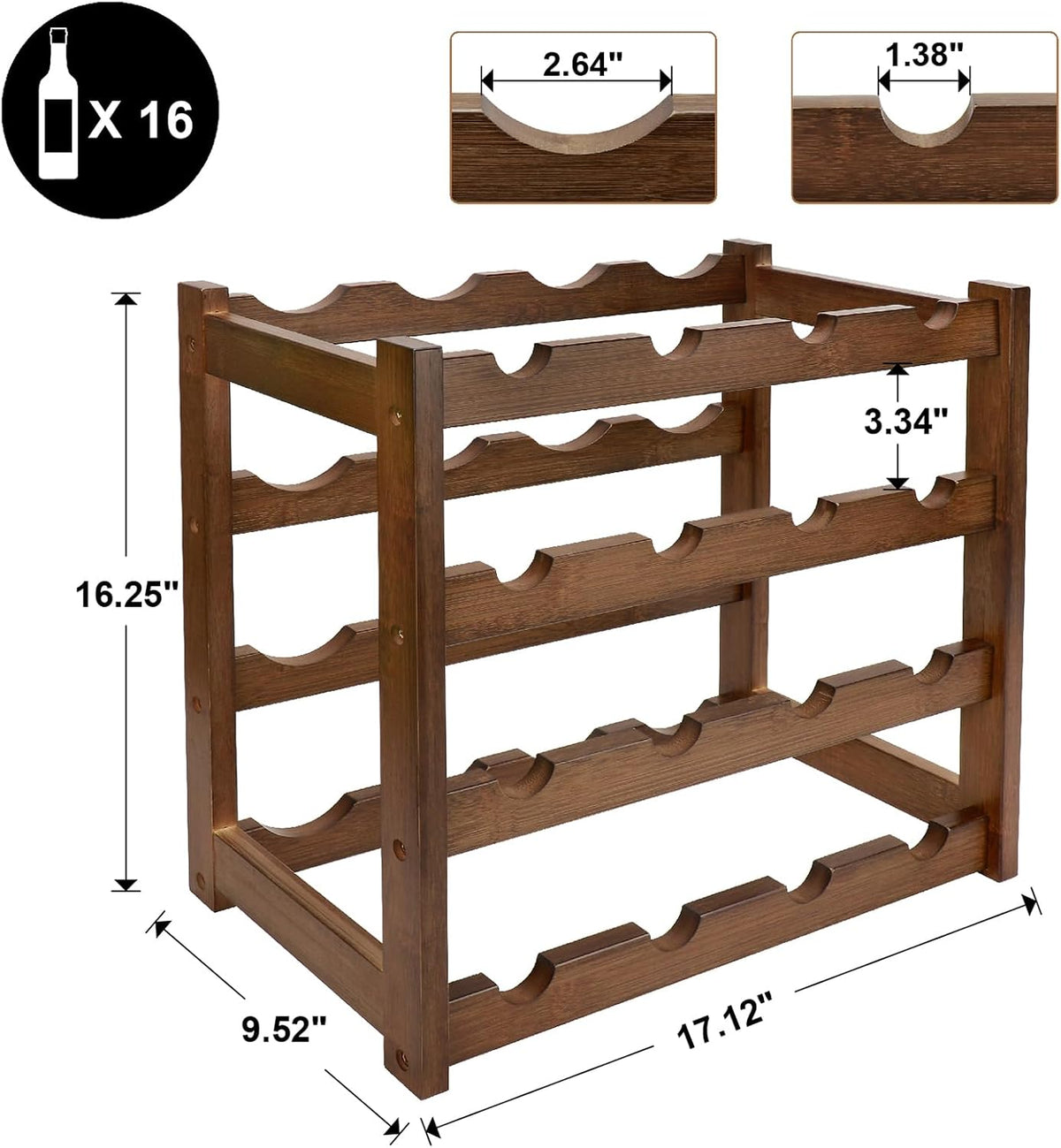 Bamboo Wine Rack, 4-Tier 16 Bottles Wine Storage Cabinet Shelf - Image 2