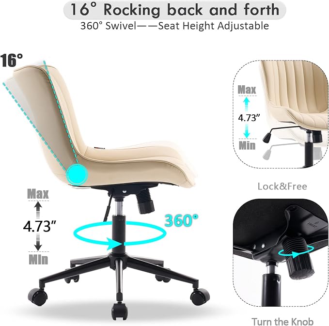 YOUNIKE Office Desk Chair with Wheels Armless Vanity Chair Modern Beige | Faux Leather Upholstered with Rocking Back, Swivel Height Adjustable Small Cute Computer Rolling Task Chair Ergonomic 300lb - Image 3