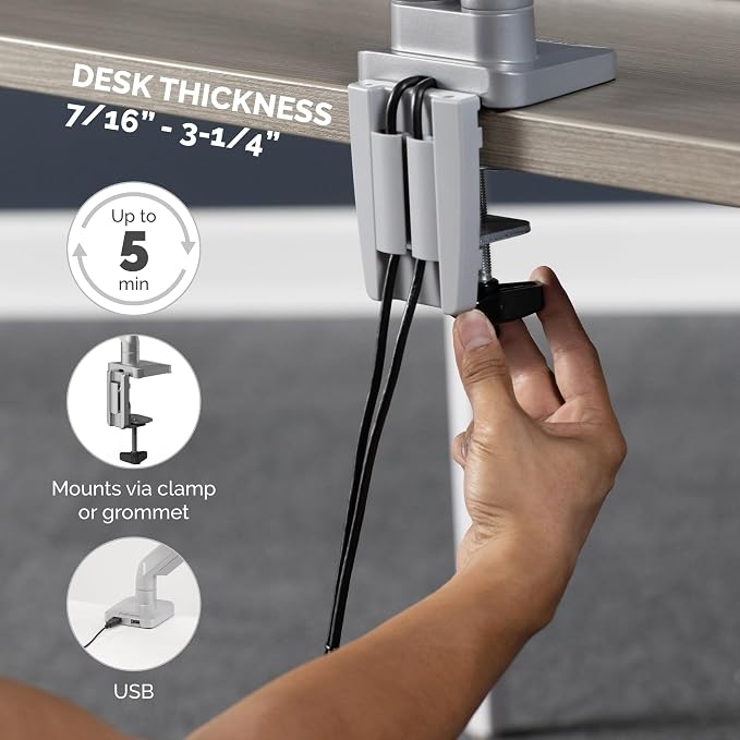 Fellowes Platinum Series Dual Monitor Arm for 40-Inch Monitors, Full Motion, 360° Rotation, VESA Mount with Grommet or Clamp, USB Ports, Ergonomic, Silver, 8056501 - Image 4