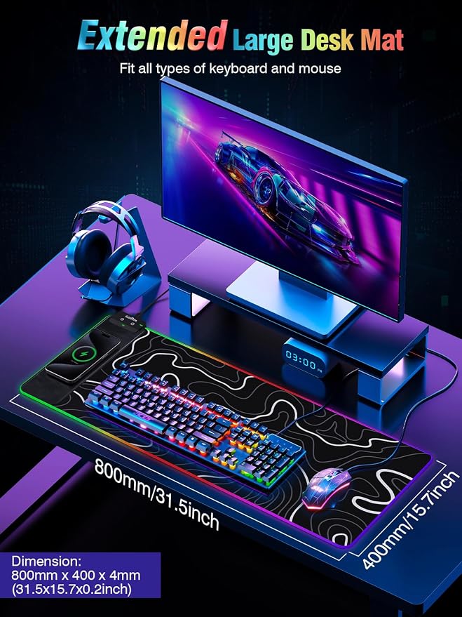 Wireless Charging RGB Gaming Mouse Pad, 31.5"x15.7" XXL Large Desk Mat | Desk Pad for Gamer, 9 Light Modes, Non-Slip Rubber Base, Waterproof Computer Keyboard Mat, Black and Topographic Line - Image 8