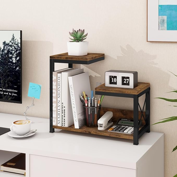 ELITEROO Desktop Shelf Organizer, 3 Tier Office Shelves, Wood Desk Organizers Storage Rack and Freestanding Display Shelf for Office, Dormitory, Home, Rustic Brown - Image 5