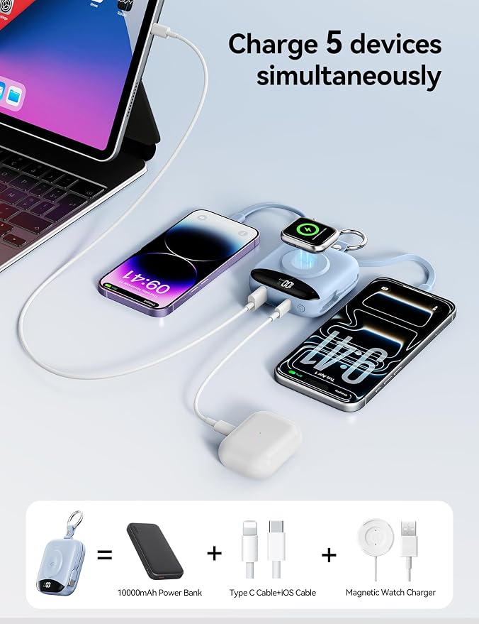 Portable Charger 10000mAh 22.5W Power Bank Built-in 2 Cables Keychain | Charge 5 Devices, TSA approved, Travel Fast Charging Battery Pack for iPhone Samsung Google Android & iWatch Charger, Blue - Image 5