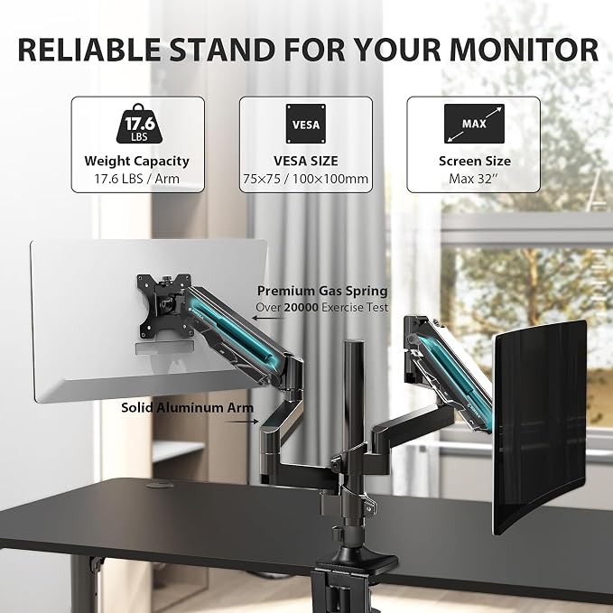 EUREKA ERGONOMIC Dual Monitor Stand, Fully Adjustable Gas Spring Double Monitor Arms for PC Computer Screen 13 to 32 inch up to 17.6 LBS W VESA 75x75mm,100x100mm C Clamp Grommet Base, Black - Image 6