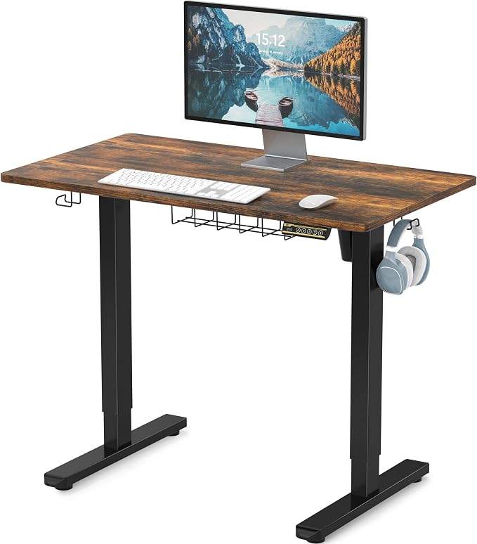 SHW 40 x 22 Inches Electric Height Adjustable Stand Desk, Rustic Brown | with Hanging Hooks and Cable Management, Black Frame and Rustic Brown Top by SHW