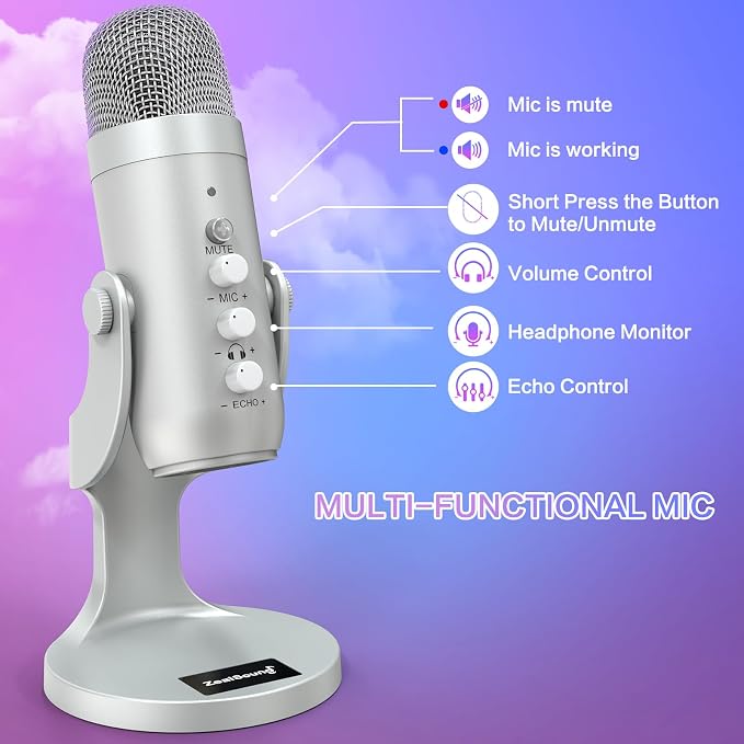 ZealSound Podcast Microphone for PC, Noise Cancellation USB Mic with Gain, Volume Adjustment & Mute Button, Monitoring & Echo, for YouTube, TikTok, Podcasting, Streaming, iPhone, iPad, Android(Silver) - Image 6