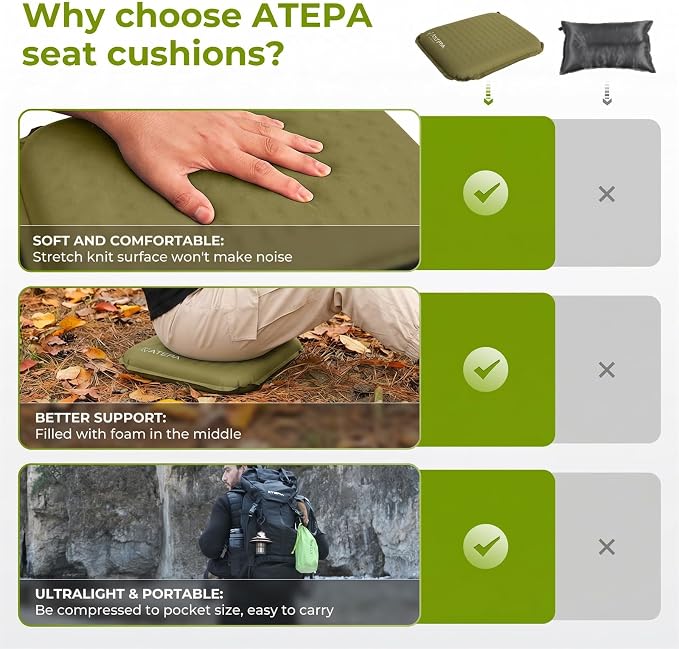 ATEPA Inflatable Seat Cushion | 2" & 2.5" Foam Core Seat Pad, Self Inflating, Compact, Stadium, Airplane, Travel, Camping, Hiking, Sports events - Image 7