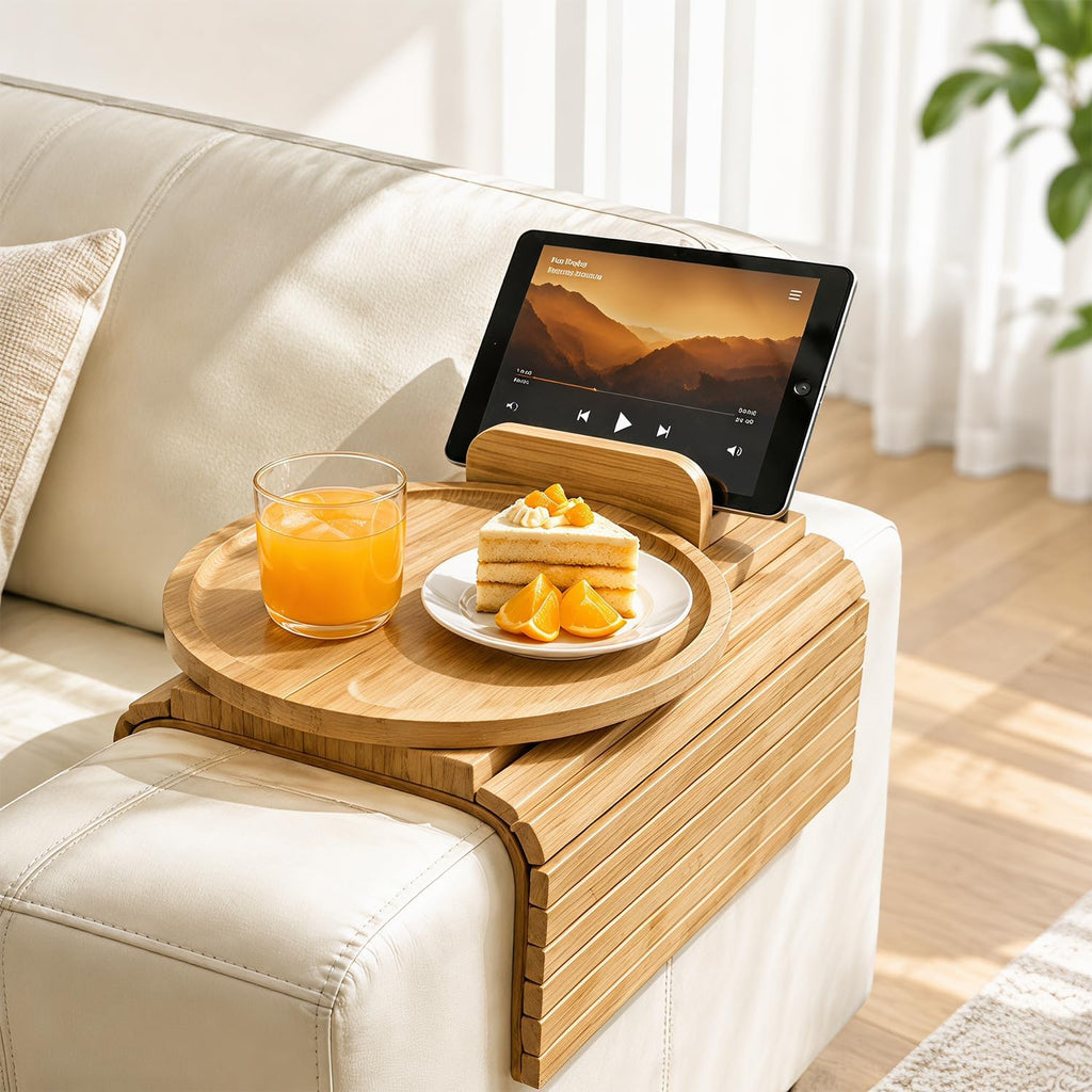 Couch Arm Tray, Bamboo Sofa Arm Tray,Foldable with 360° Rotating Phone Holder - Image 5