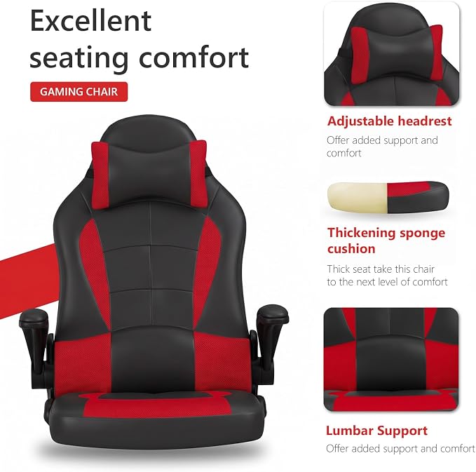 BestOffice | Gaming Chair | Red | PU Leather | with Lumbar Support | Ergonomic Racing Style Desk Chair with Recline, Padded Armrests, Headrest, Swivel & Caster Wheels | for Gamers, Home, Office - Image 4