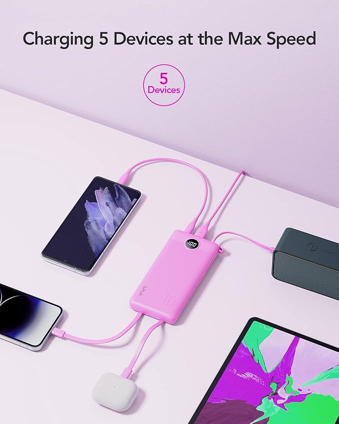 VRURC Portable Charger Power Bank, Built-in 4 Cables & 2 Ports 10000mAh | LED Display Slim Battery Pack,Compact Travel Essential Portable Phone Charger 5 Output for Multi Devices,Student/Teens(1Pack) - Image 4