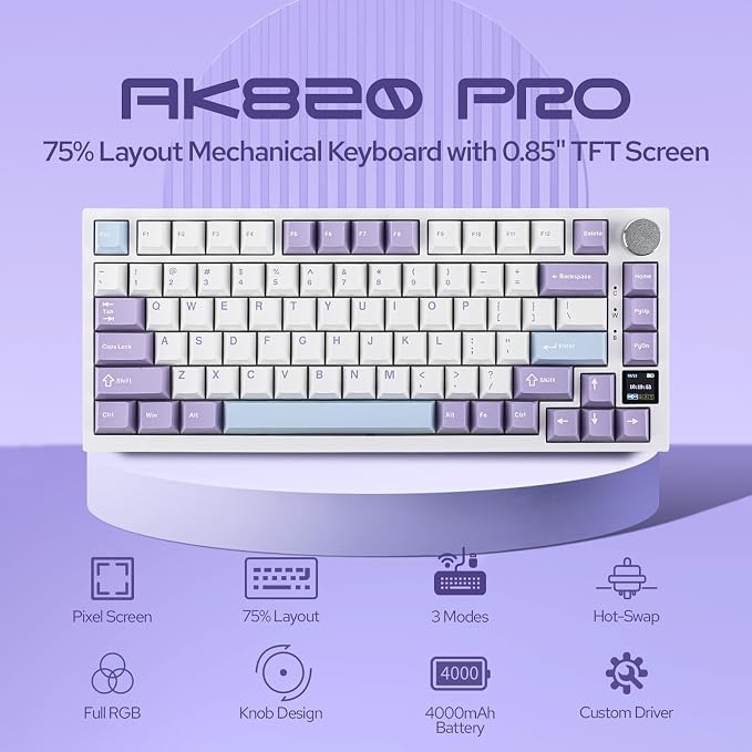 EPOMAKER Ajazz AK820 Pro Wireless Mechanical Keyboard with TFT Display&Knob | 75% Gasket-Mounted Gaming Keyboard, BT/2.4GHz/USB-C Wired, Creamy Keyboard for PC/Mac (Purple, Flying Fish Switch) - Image 2