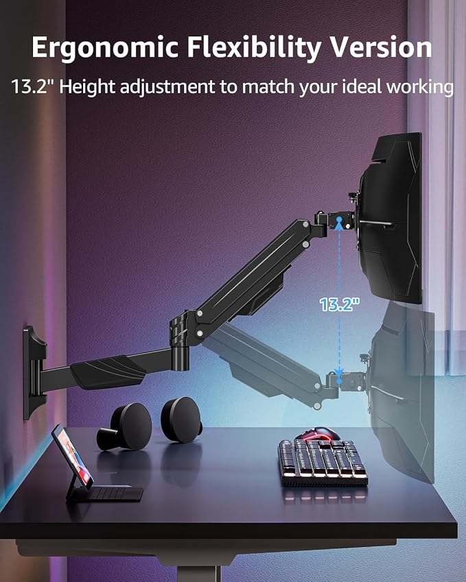 MOUNTUP Monitor Wall Mount for 22-43 Inch Curved Screens, Holds 2.2 to 33.1 lbs, Ultrawide Computer Monitor Wall Mount, Heavy Duty Wall Monitors Arm, 75x75 mm to 200x200 mm Vesa Mounts - Image 4