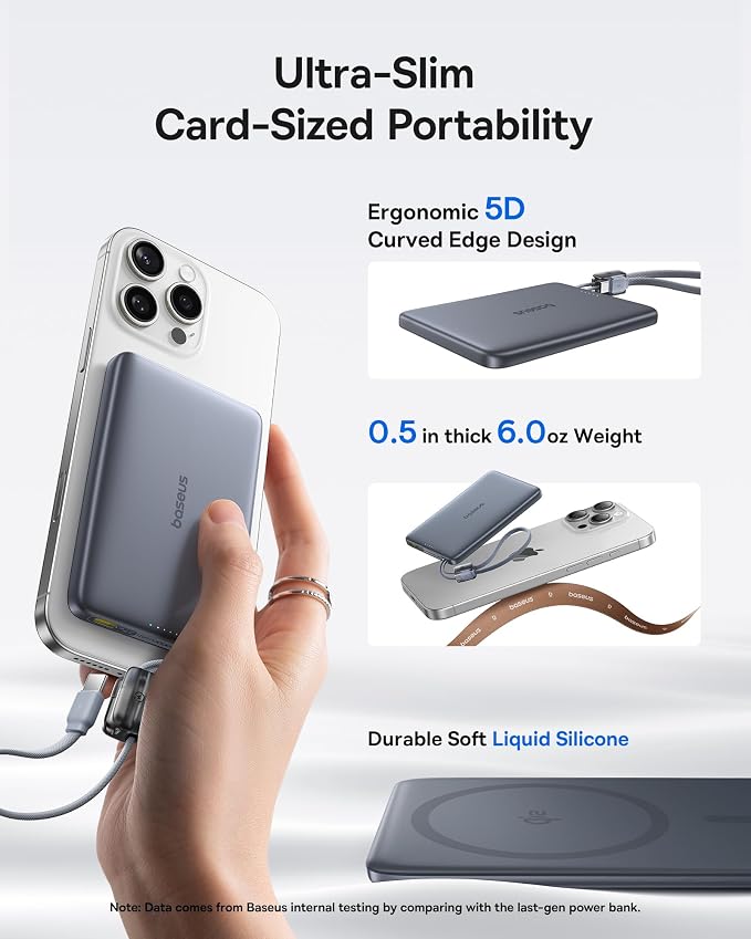 Baseus Picogo Qi2 15W Magsafe Portable Charger, 0.5" Ultra Slim 10000mAh Wireless Power Bank with 27W Built-in USB-C Cable, Magnetic Battery Pack for iPhone 17 Pro Max/17 Pro/Air/16/15/14/13/12 | 10000mAh Wireless Power Bank, 27W Fast Charging Magnetic... - Image 2
