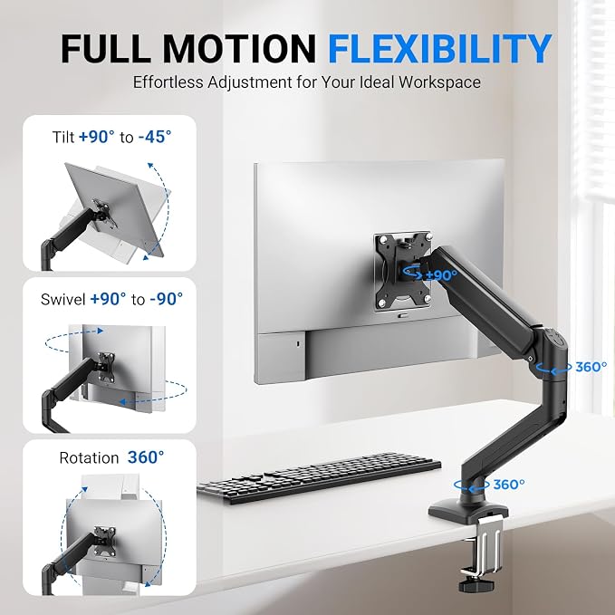GRIFEMA Gas Spring Monitor Mount for 13-32", Single Monitor Arm | Full Motion 360 Rotate Swivel Tilt, Up to 19.8 Lbs, VESA 75/100mm, Easy Install, Monitor Stand for Home Office Gaming - Image 3