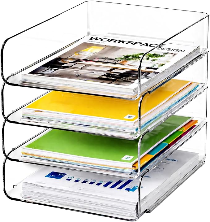DCA 4 Tier Clear Desk Organizer, Stackable Paper Tray, Desktop File Sorter | Letter & A4 Compatible | Space-saving | Office, Home & School by DCA