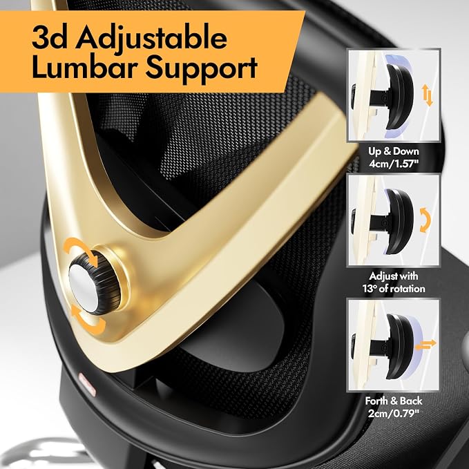 Ergonomic Mesh Office Chair - 3D Adjustable Lumbar Support & 3D Armrests, V-Shaped Back, Adjustable Desk Chair for Office & Home, Black and Gold - Image 3