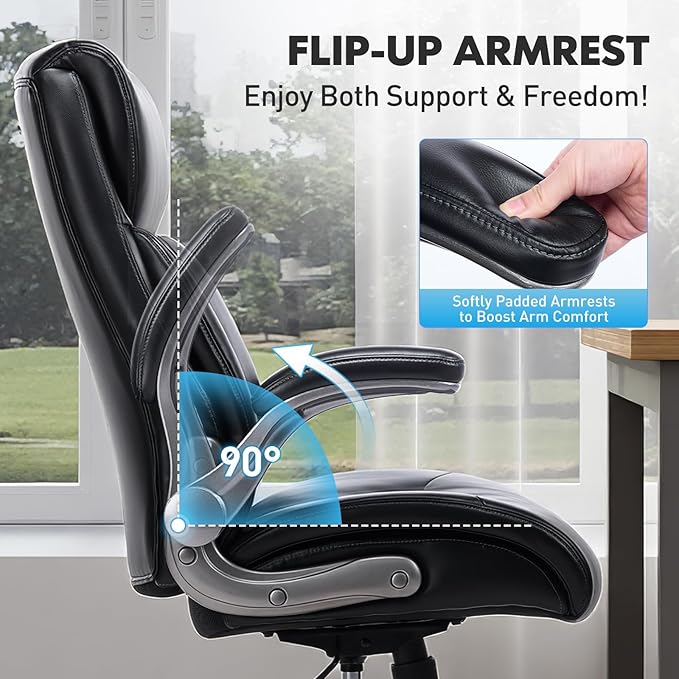 MALOL Ergonomic High-Back Executive Office Chairs, Heavy Duty Home Computer Chair with Lumbar Support, Flip-Up Arms, and PU Leather Upholstery, Black - Image 5