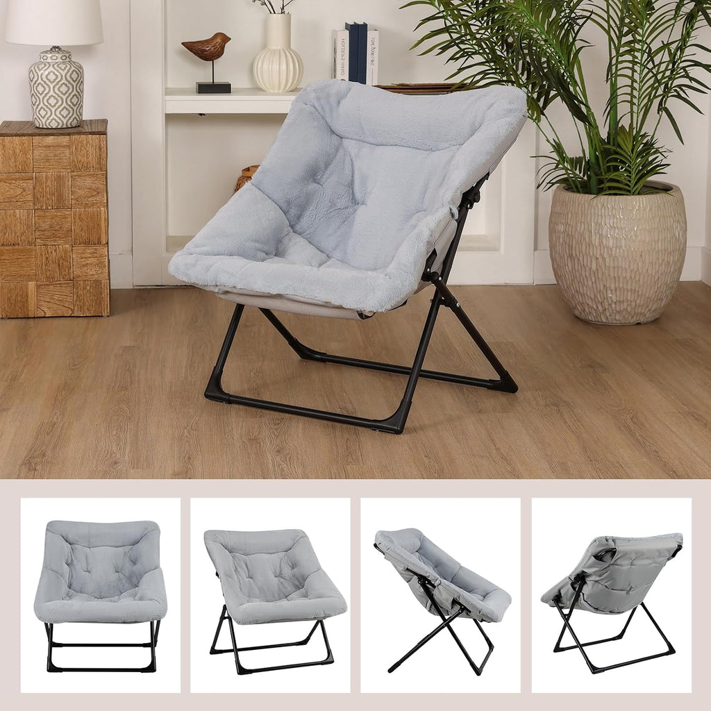 Comfy Saucer Chair for Adults, Soft Faux Fur Bedroom Chair, Accent Dorm Chairs, Flexible Living Room Reading Chairs, Oversized Folding Seat for Teens, X-Large, Grey - Image 9