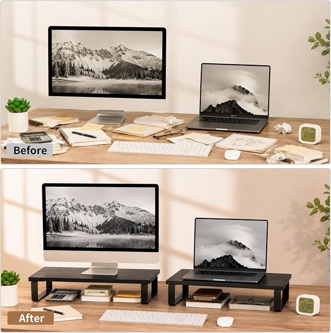 XINYAO 2 Pack Monitor Riser for Desk, Wood and Steel, 16*12*3 inch, Black | Multi-Purpose Desktop Storage Stand for dual monitor setups, TVs, Laptop, Printer, home office use, or gift giving - Image 5
