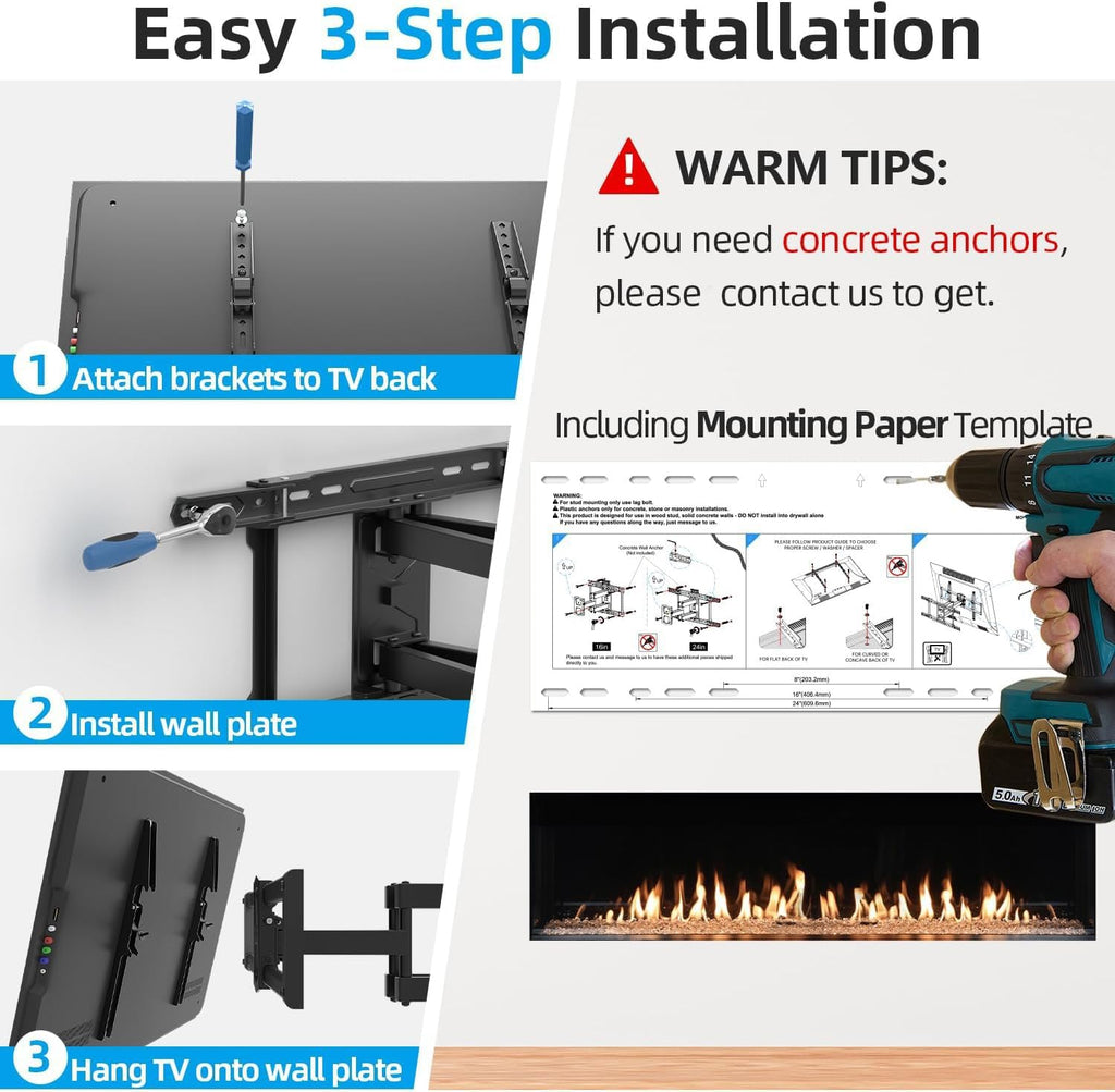 Full Motion TV Wall Mount 24 inch Stud for 65 70 75 85 86 Inch TVs - Image 8
