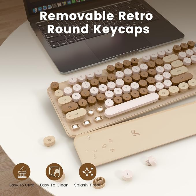 Wireless Keyboard, Round Keycaps, Retro Typewriter Keyboard with Magnetic Wrist Rest, Sleep Mode, Foldable Legs, 2.4GHz Full-Size Cordless Computer Keyboard for Windows PC, Laptop (Beige & Brown) - Image 3