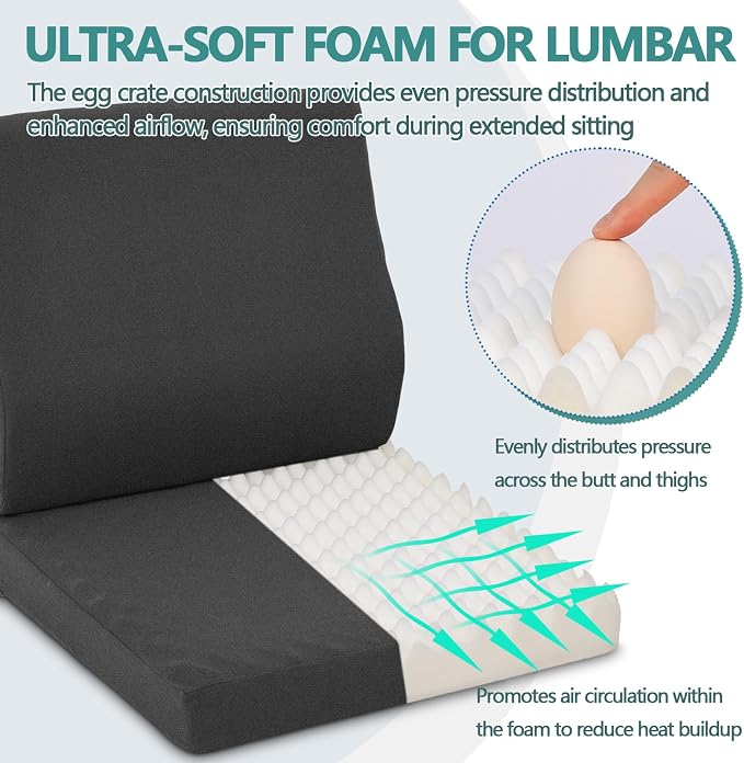 Shinnwa Lumbar Support Pillow for Recliner, Ultra-Soft Foam Back Support Pillow and Egg Crate Foam Seat Cushion 2-in-1 for Couch, Office Chair, for Back Pain Relief, Charcoal - Image 4