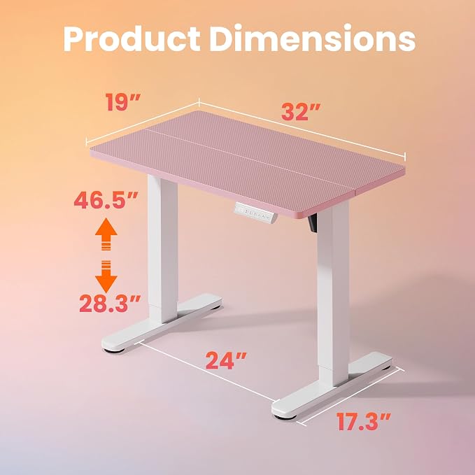HUANUO 32x19 Inch Small Electric Standing Desk, Adjustable, Pink | 176 Lbs Capacity, Rounded Corners, Wheel-Ready Feet, Compact Desktop, Apartment Workspace, 28.3–46.5 Inch Height Range - Image 3