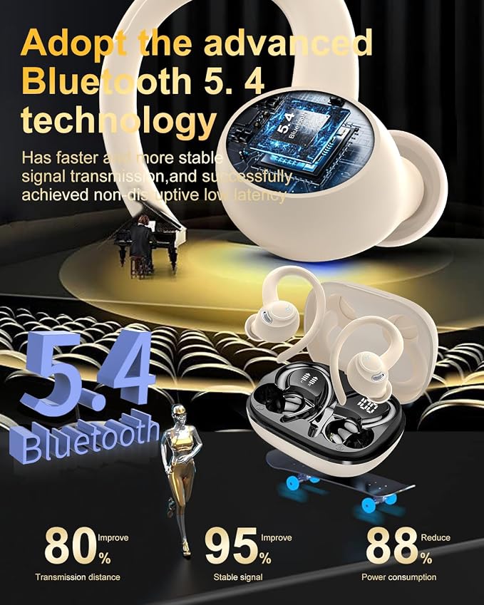 Wireless Earbuds, Bluetooth 5.4 Headphones Sport Over Ear Buds with ENC Mic | Noise Cancelling ,48H,Wireless Earphone With Earhooks, Stereo Deep Bass, IP7 Waterproof ear bud for Workout Running,Off White - Image 3