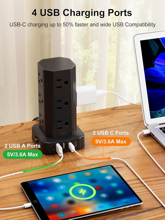 Power Strip Tower Surge Protector, 10FT Flat Plug Extension Cord with Multiple Outlets, 12 AC Outlets 4 USB (2 USB C), Desktop Surge Protection Tower for Home Office Dorm Room, Black - Image 4