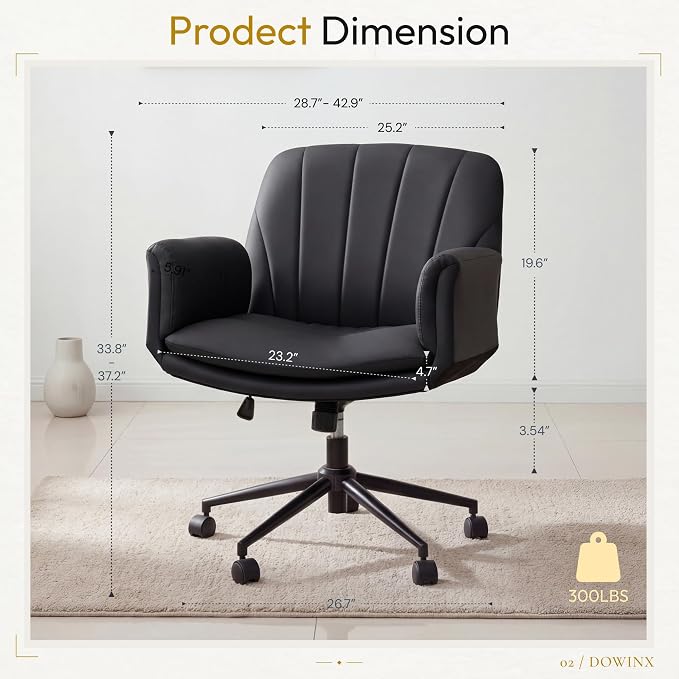 Dowinx Criss Cross Chair with Five-Level Adjustable Arms and Wheels - Comfortable Ergonomic PU Leather Swivel Vanity Chair - Computer Makeup Gaming Chair for Home Office, Bedroom, Living Room (Black) - Image 2