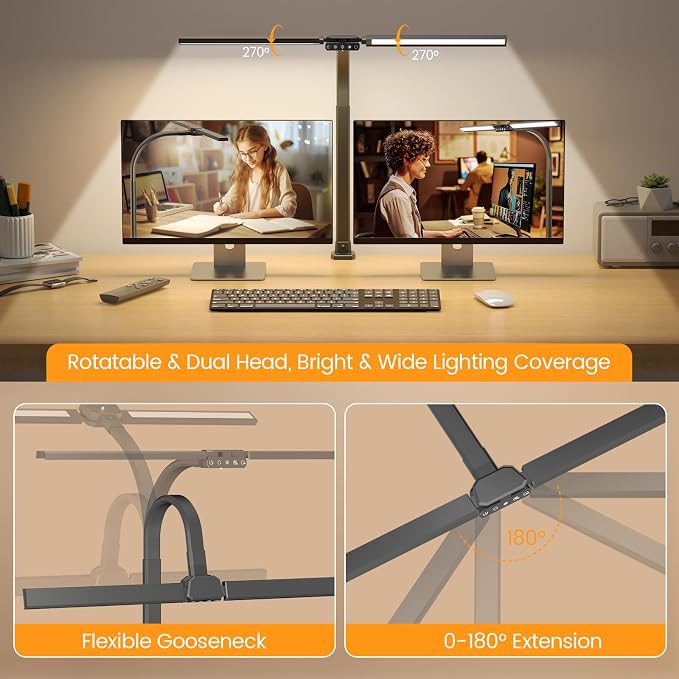 Upgraded Desk Lamp for Home Office - Dimmable Computer Desk Light with Remote, Modern Architect Task Lamp with Color Changing, Flexible Desktop Lamp with Gooseneck for Monitor, Double Head - Image 2