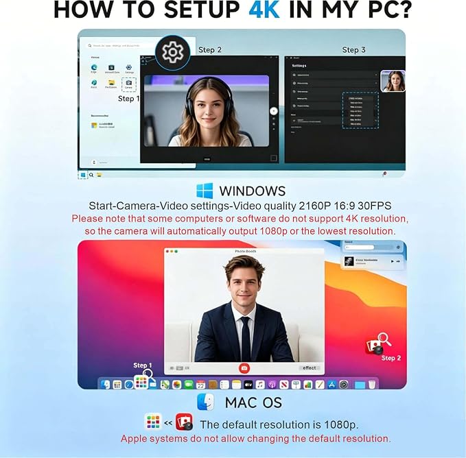 4K Webcam with USB C Adapter Privacy Cover Microphone for PC Mac Laptop | 4K UHD for Zoom/Teams. Privacy shutter, 1-sec close. Noise-canceling mic. USB-C/USB-A plug & play. Works with PC/Mac/ apps. - Image 9
