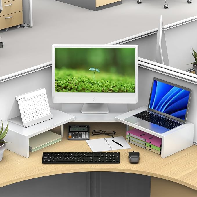Desk Organizers and Accessories, Dual Monitor Stand Riser, Monitor Desk Shelf for Desktop Organization (White) - Image 4