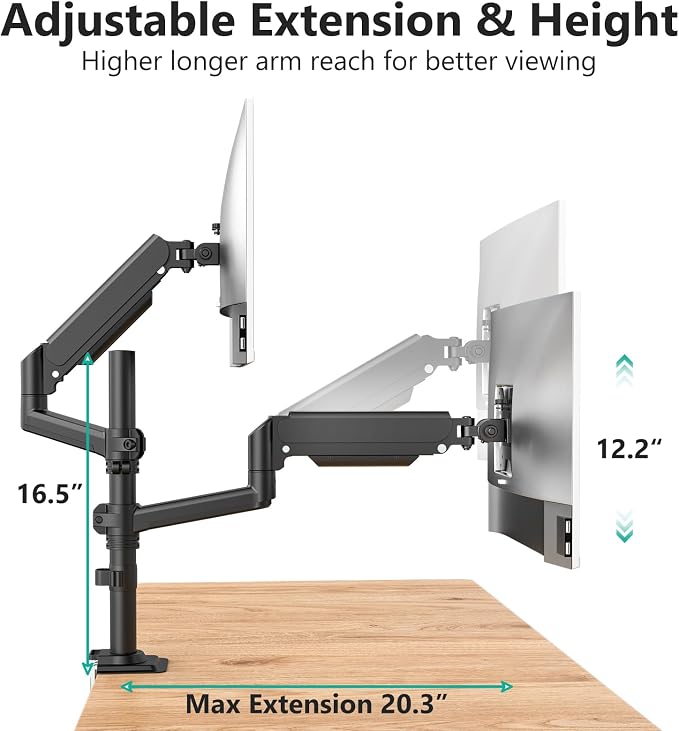 WALI Tall Dual Monitor Desk Mount for 13-33 inch Screens, 19.8 lbs per Arm | Dual Monitor Arms for 2 Monitors, Full Motion with Tilt, Swivel, Rotation, C-Clamp & Grommet, VESA 75/100mm (GSDM002), Black - Image 3