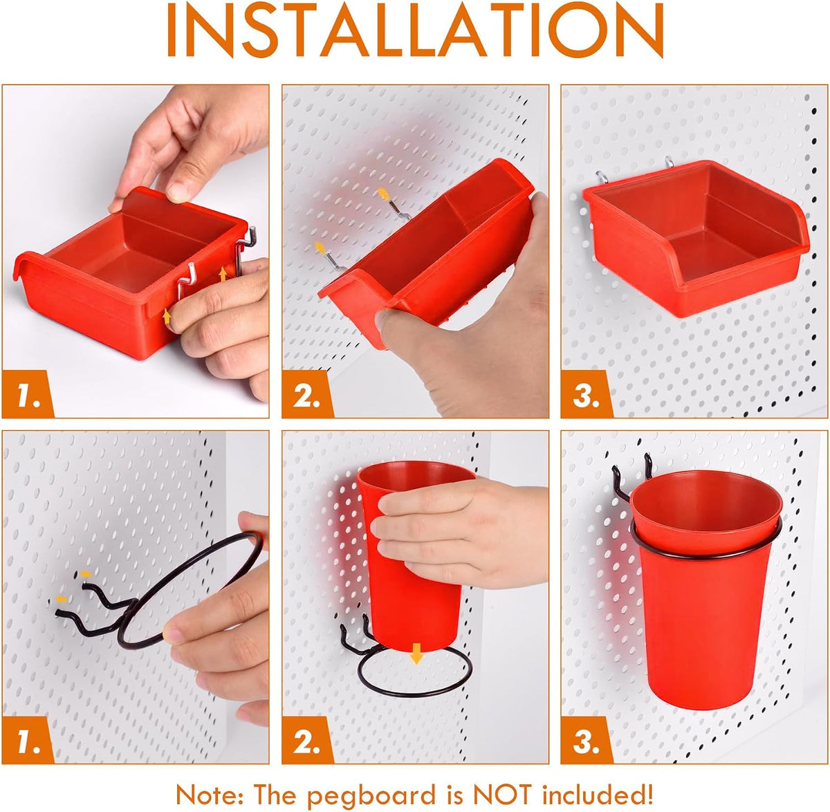 Pegboard Bins Cups with Hooks & Loops 12 Pack Peg Board Organizer (Red) - Image 3