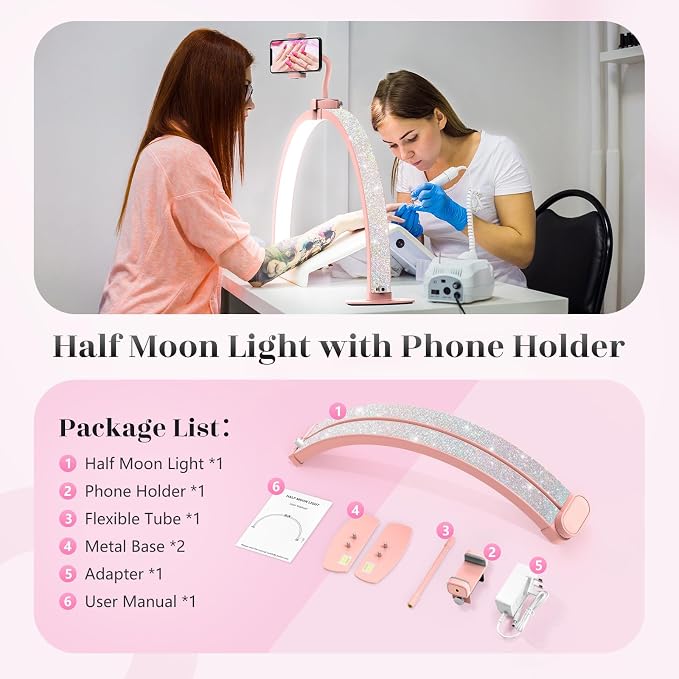 Yokilly Half Moon Light for Nail Desk: 29" Foldable Nail Light for Desk | AB Diamonds Arch Nail Tech Light with Phone Holder for Beginner - 3 Color Modes & 10 Brightness for Manicure Salon-Pink - Image 7