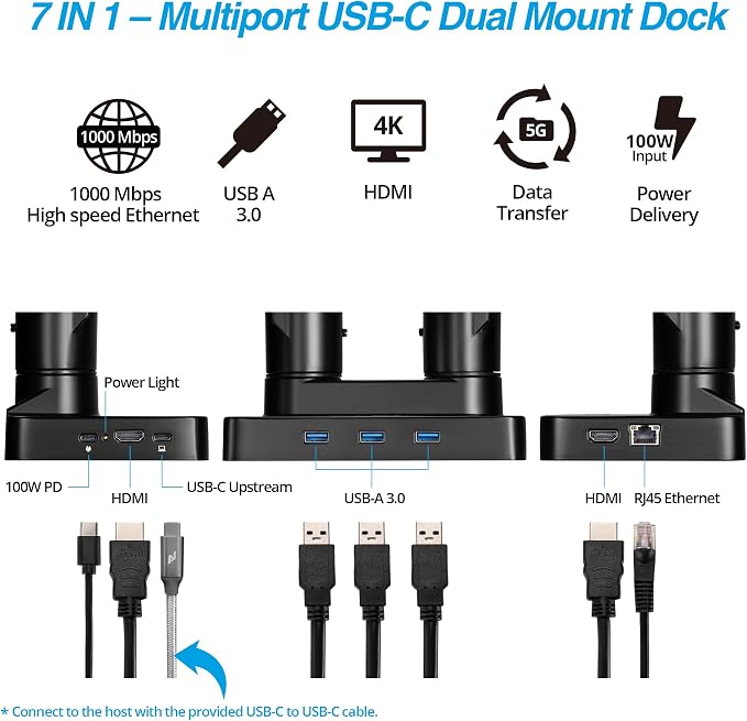 Dual Monitor Arm Desk Mount with 15" Laptop Tray & USB-C&A Docking Station | AVLT 17”-43" HDMI 4K60Hz, Ethernet, Gbps, 100W PD, Fits Two Flat/Curved Monitor - Black - Image 3