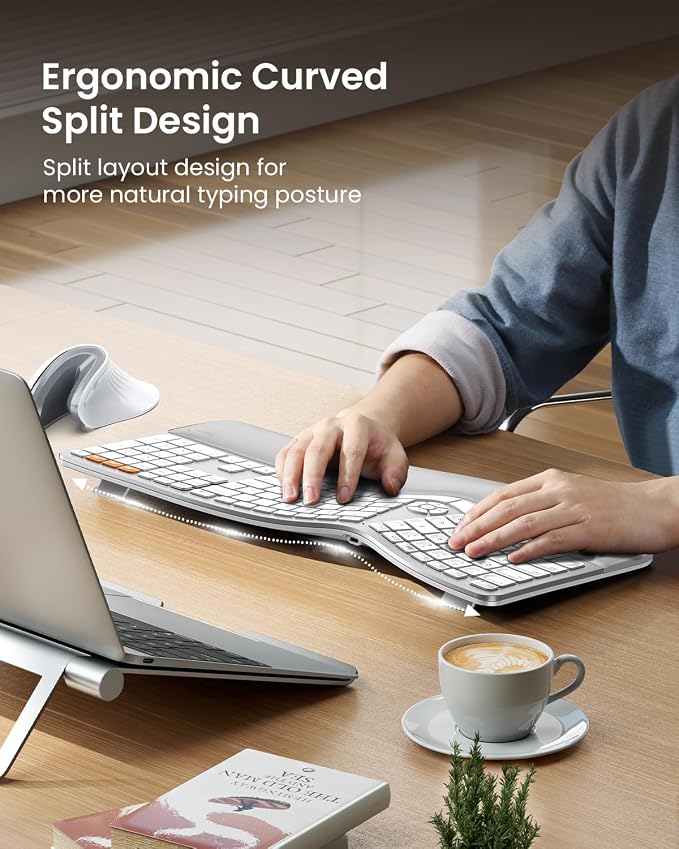 ProtoArc EK01 Plus Backlit Bluetooth Ergonomic Keyboard, White Silver | Adjustable brightness, split design, cushioned wrist rest, connect 3 devices via Bluetooth/2.4G, 2000mAh USB-C rechargeable. - Image 4