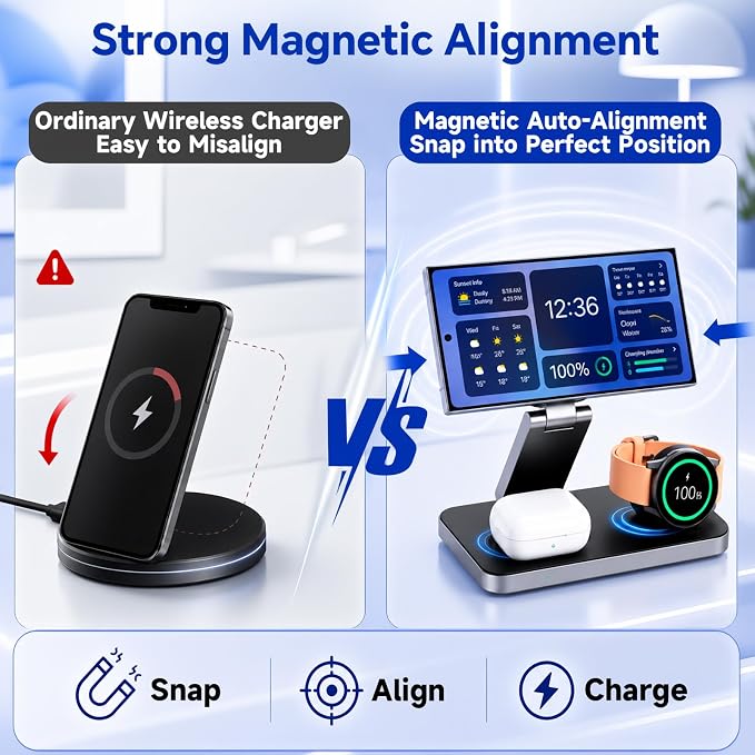 3 in 1 Foldable Magnetic Wireless Charging Station for Samsung | Fast Wireless Charger Stand for Galaxy S26 Ultra/S25/S24, Z Fold 7/Flip 7, Galaxy Watch Ultra/8/7/6, Buds 3 Pro - Image 4