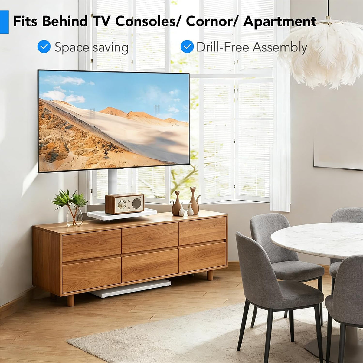 Floor TV Stand with Mount for 26-60 inch TVs up to 77 lbs, Height Adjustable Swivel Tilt TV Stand with Wood Base & Shelf, Saving Space Design for Bedroom, Living Room and Corner, White - Image 7