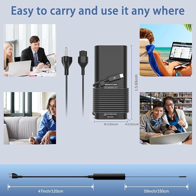 130W USB C Laptop Charger Compatible with Dell Xps 17,Precision 5550 5530 2in1,XPS 15 2in1 9575，Latitude 7410 7310 7210 9410 9510 5420 5520 5510 Power Supply Cord - Image 7