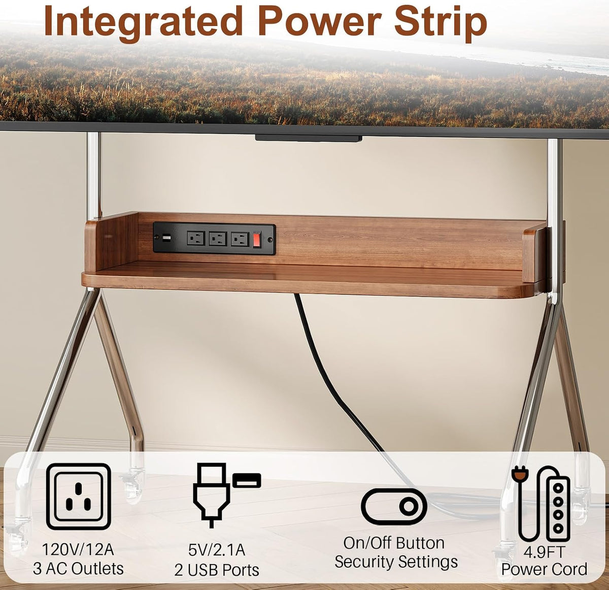 Rolling TV Stand with Power Outlet & Wooden Shelf, Stainless Steel Mobile TV Carts for 32-75 Inch TVs up to 110 lbs,Height Adjustable Portable TV Stand with wheels and Pegboard Storage for Home Office - Image 5