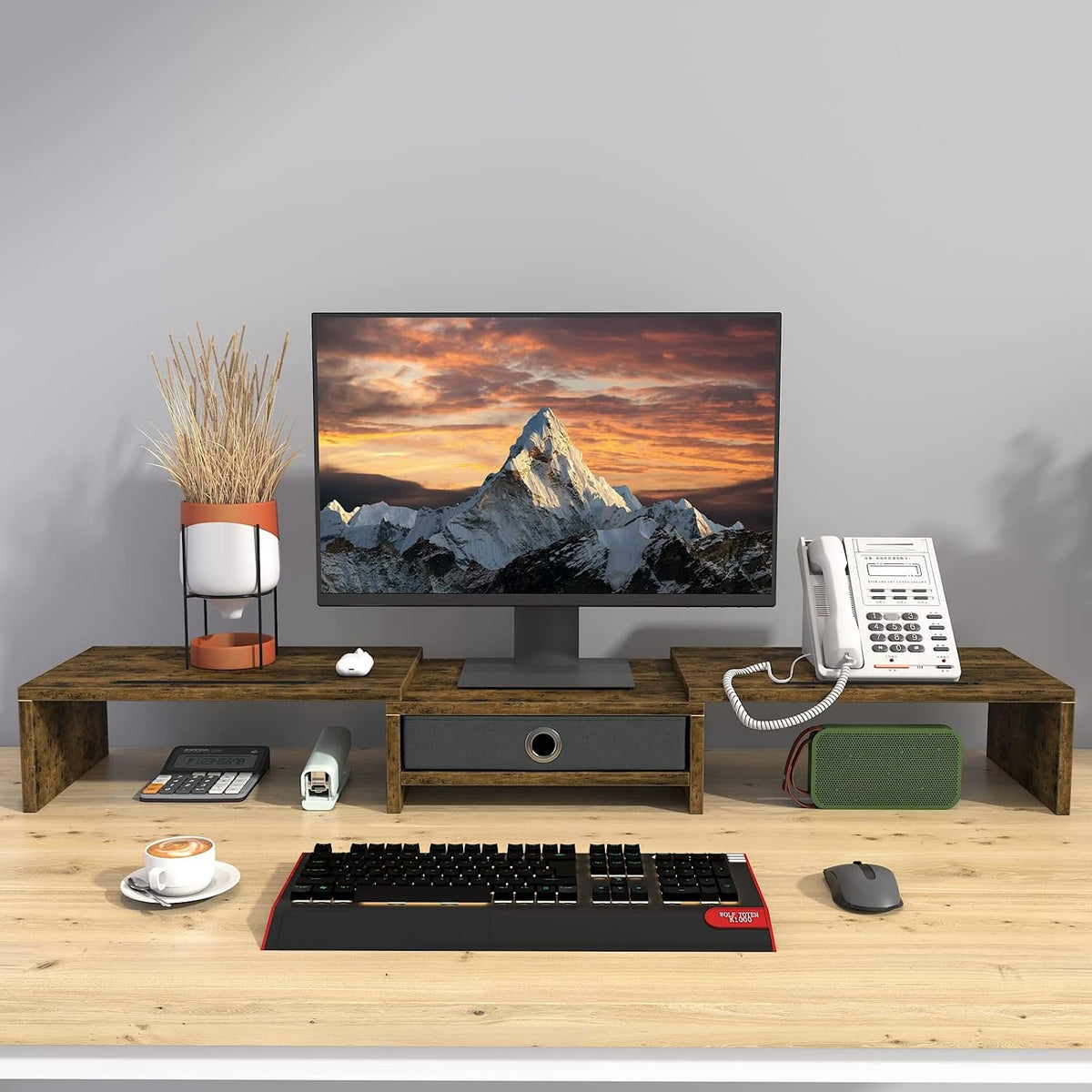 WESTREE Dual Monitor Stand Riser with Drawer, 3 Shelf Computer Monitor Riser with Adjustable Length and Angle, Desktop Monitor Stand Riser Storage Organizer for 2 Monitors - Image 4