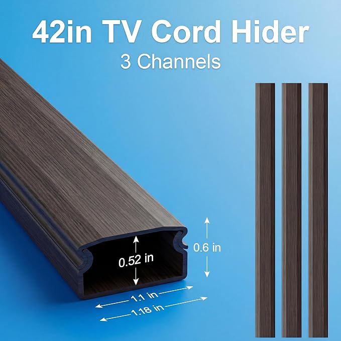 Yecaye TV Cord Hider, 42in Cord Cover Wall, W1.18in H0.6in, Darkwood | Large Cable Hider, Wire Covers for 4 Cords, Cable Raceway Wire Hiders for TV on Wall, Cable Cover Cord Concealer - Image 3